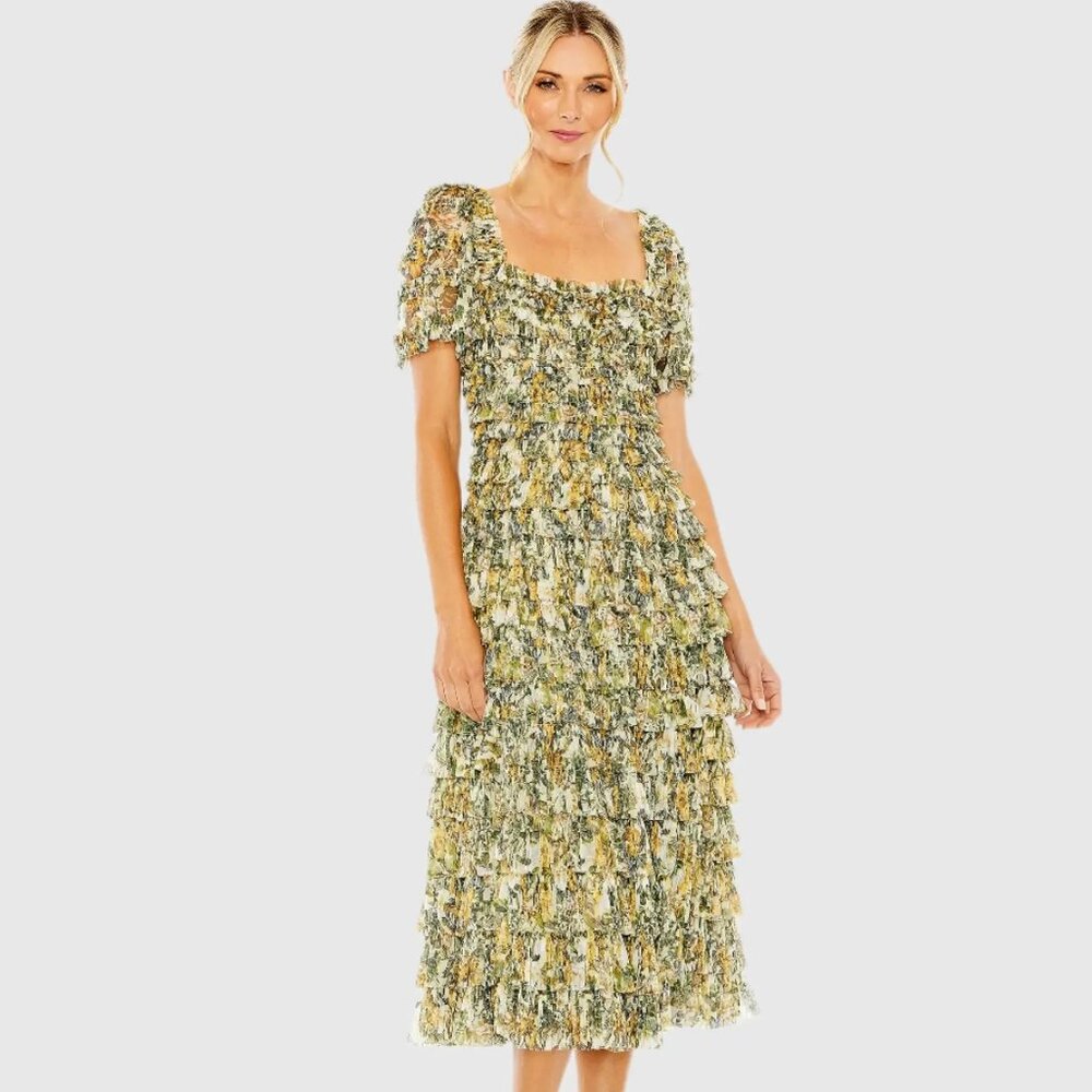 NWT Mac Duggal Ruffle Tea-Length Floral Dress Size 10 – Garden Party Style